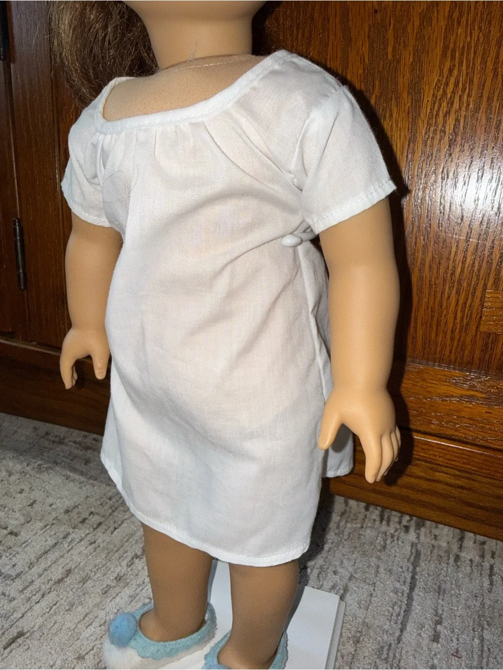 American Girl Felicity white under garnet & white slippers light blue Pom Pom